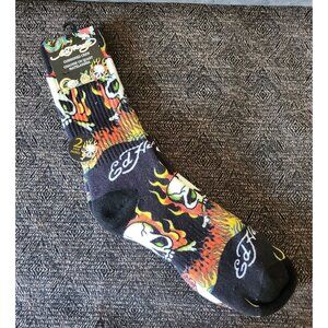 Ed Hardy Cushioned Crew Socks 2-Pair Skull & Flames Design Black Multicolor